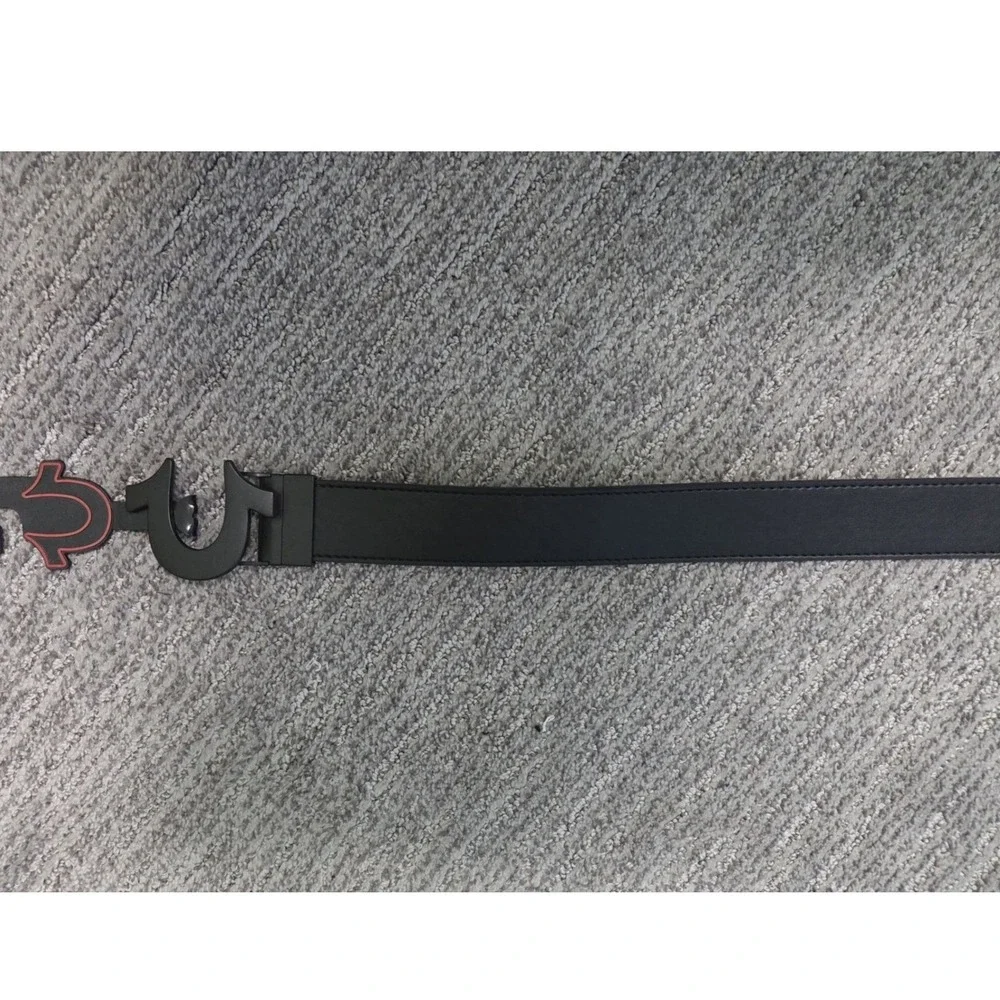 True Religion Mens Reversible Belt Black Tan Monogram Horseshoe Buckle Size 38